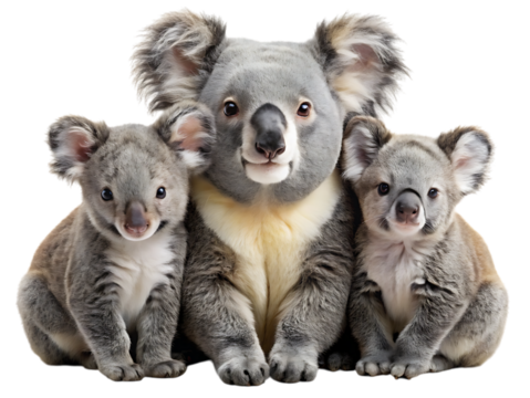 A mother koala with her two joeys sitting together, isolated on transparent background
