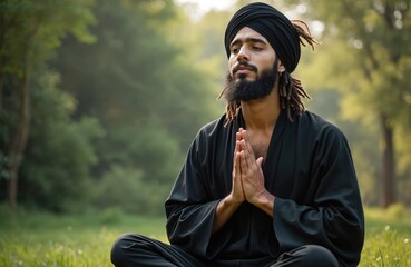 Man with dreadlocks and turban meditates in lotus pose outdoors. Hands pressed together in prayer gesture, eyes closed, finding inner peace among trees. Peaceful green nature background.