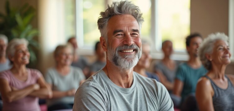 Smiling senior man with gray hair sits in yoga class with other participants. People practice exercise, focus on wellness and healthy lifestyle together. Active lifestyle for elderly people.