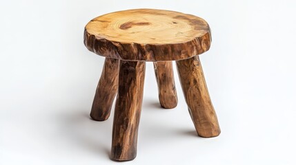 Handmade wooden stool with four legs and round top on white background