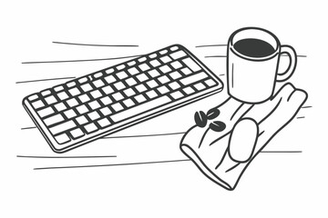 Minimilist keyboard and coffee cup on a wooden table in a simple black and white line drawing style image scene vector