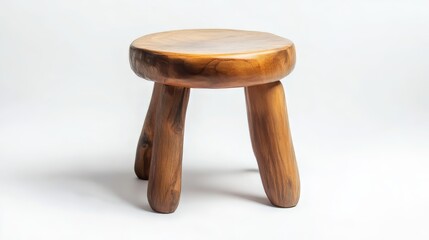 Handmade wooden stool with four legs and round top on white background