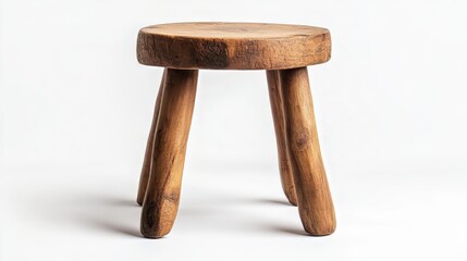 Handmade wooden stool with four legs and round top on white background
