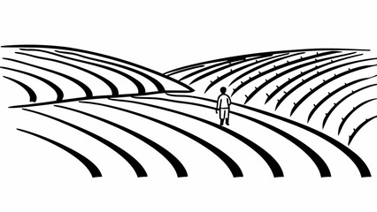 Minimilist illustration of a person walking through a field with rows of crops in a black and white landscape vector