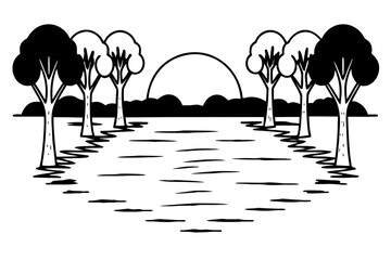 Minimilist illustration of a landscape with trees lining a path leading to a sunset in black and white style vector