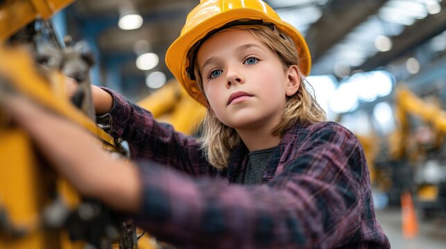 Young Girl in Hard Hat Exploring Robotics in Industrial Setting