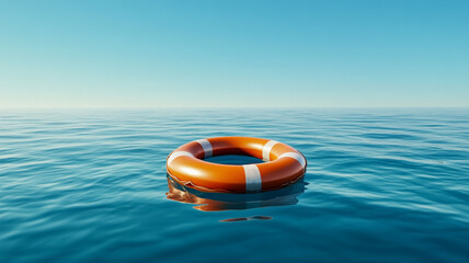 Orange life preserver ring floating on calm blue water under clear sky, peaceful and safe
