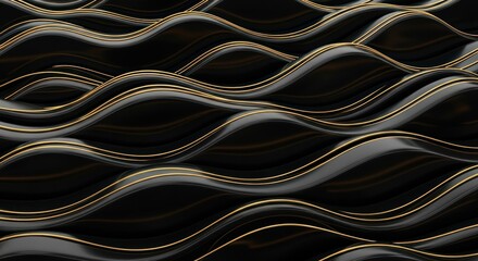 Abstract composition of flowing, glossy black and gold wave-like patterns.