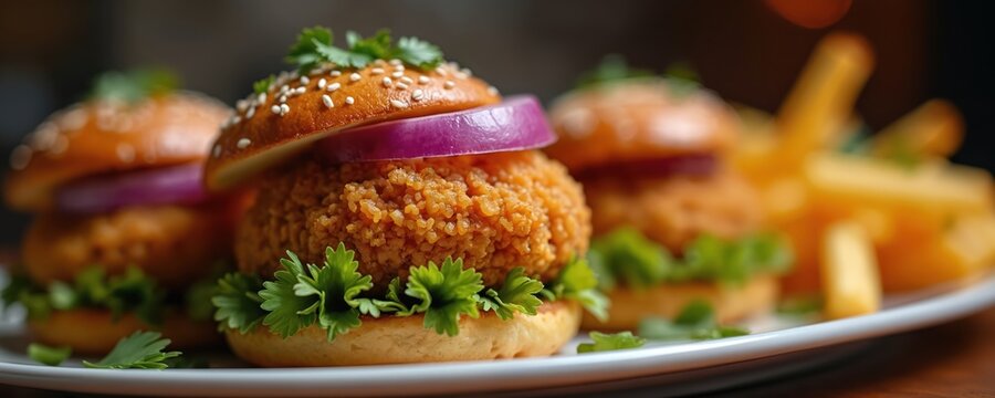 Mini burgers with crispy patties and onion rings served with french fries. Delicious small sandwiches are garnished with fresh green herbs and sesame seeds on bun. Tasty fast food snack.