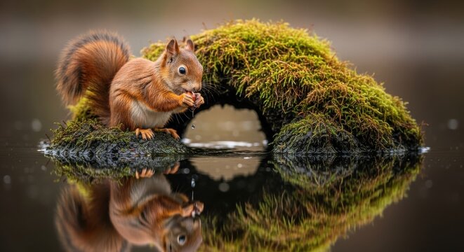 Squirrel foraging near a moss-covered rock in a tranquil forest setting during early morning light