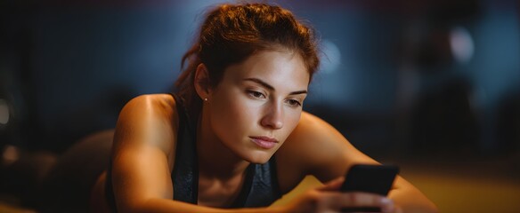 The exhausted woman resting on the gym floor checking smartphone after a grueling workout session