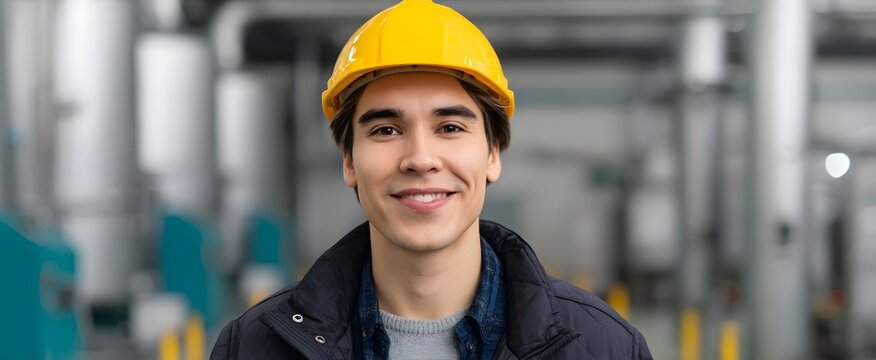 Cheerful factory worker in hard hat shines like a bright gear in the plant.