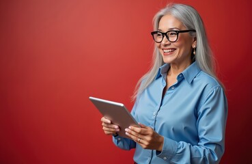 Smiling silver haired woman holds tablet computer. Mature asian lady looks at gadget screen. Businesswoman uses tech device in studio. Senior woman with glasses works online with modern tech on red