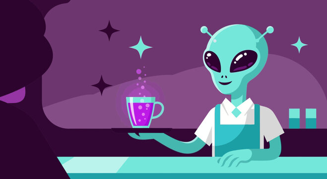 Extraterrestrial barista serving intergalactic brew in cosmic coffee shop illustration