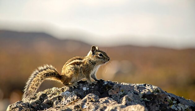 Adorable chipmunk perched atop a mossy rock with a scenic mountain backdrop