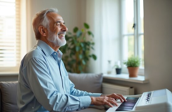 Smiling senior man with beard plays electronic piano keyboard indoors. Elderly person enjoys making music and singing, feeling happy and relaxed at home. Leisure and retirement activity.
