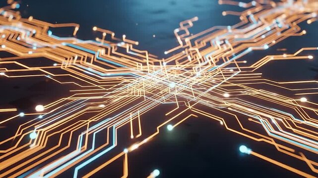 Intricate glowing data network pathways representing advanced digital technology, complex information flow, and interconnected system infrastructure in an abstract virtual space