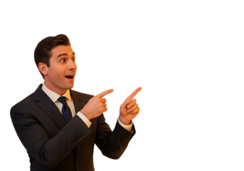 Surprised businessman pointing to the side