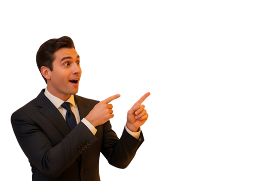 Surprised businessman pointing to the side