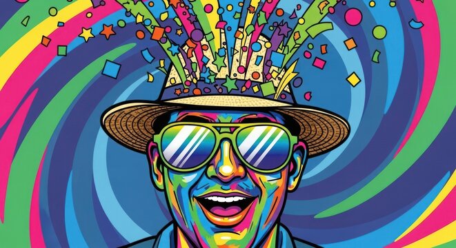 A joyful man with sunglasses and hat, exploding with colorful confetti.