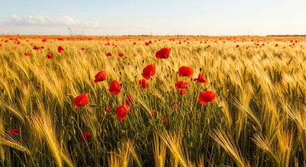 A vast field of golden wheat with vibrant red poppy flowers under a clear sky.