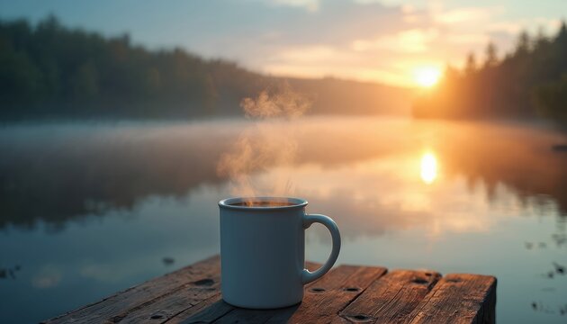 Steaming mug of coffee sits on wooden dock at misty lake sunrise. Warm steam rises into cool morning air. Serene water reflects golden sun. Calm nature scene invites peaceful contemplation,
