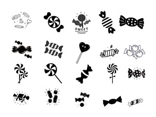 Collection of various candy silhouettes in black and white isolated on transparent background