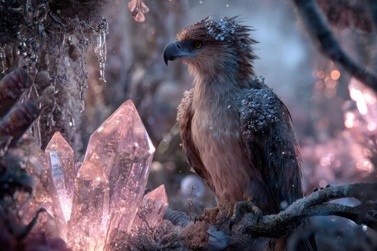 A bird sitting on a branch with crystals