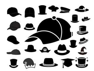 Collection of various hat silhouettes including baseball caps and top hats isolated on transparent background
