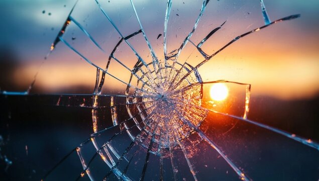 A close-up of a shattered glass window with a vivid sunset in the background, creating an intriguing contrast between destruction and beauty.