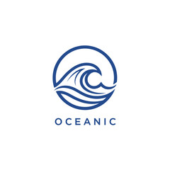 Obraz premium Stylized emblem features a blue wave cresting within a circular border, with the word 