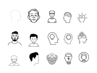 Collection of hand drawn diverse human head profile icons and portraits silhouette isolated on transparent background
