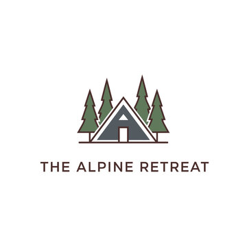 A geometric logo of an A-frame cabin, trees, and text, perfect for lodging in a mountain locale
