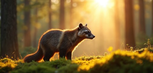 Fototapeta premium Raccoon dog stands in sunlit forest. Golden light streams through trees, illuminating mossy ground. Animal looks right, tail bushy, fur lit by sun. Wildlife in nature setting.
