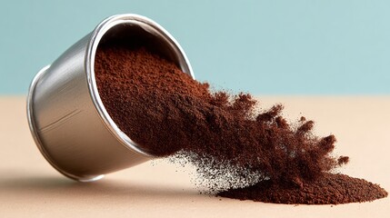 Cup of coffee powder is spilling out of a silver cup. Concept of messiness and chaos, as the coffee powder is scattered all over the table