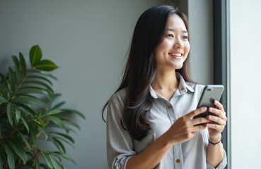 Attractive Asian woman smiles dreamily, holding smartphone. Looks outside bright window, happy, thoughtful. Girl uses mobile phone for remote work, communication, social media, planning daily