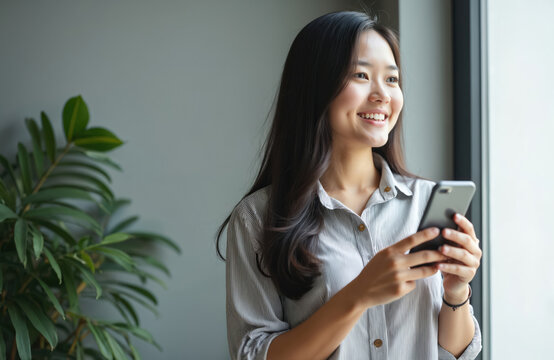 Attractive Asian woman smiles dreamily, holding smartphone. Looks outside bright window, happy, thoughtful. Girl uses mobile phone for remote work, communication, social media, planning daily