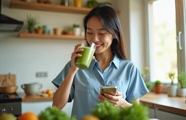 Asian woman smiles while drinking green smoothie in kitchen. She holds phone and checks messages. Fresh fruits and vegetables on counter. Healthy morning routine.