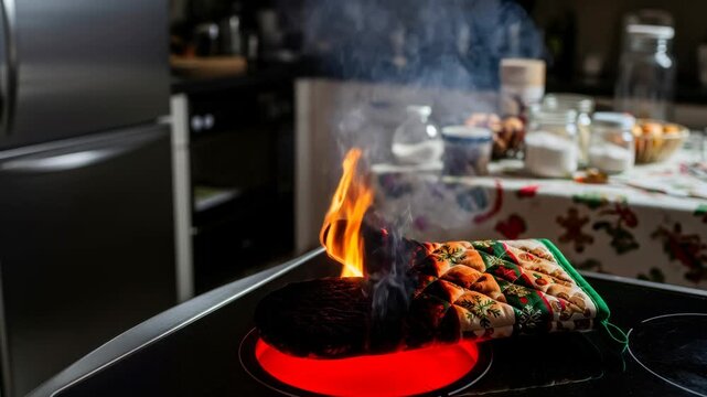 Burning oven mitt on a hot stove surface with flames spreading in a kitchen, fire safety during holiday cooking footage.