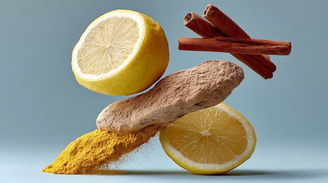 Pile of spices and a lemon on top of them. The spices are scattered around the lemon, creating a colorful and vibrant scene. Scene is lively and energetic, as the spices