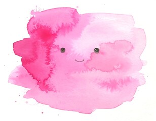 Aquarelle Illustration of a pink Blob with a Cute Face on White Background