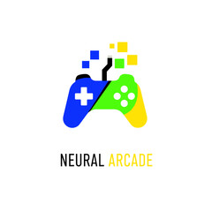 A vibrant logo depicting a two-toned game controller with digital data on top and associated text