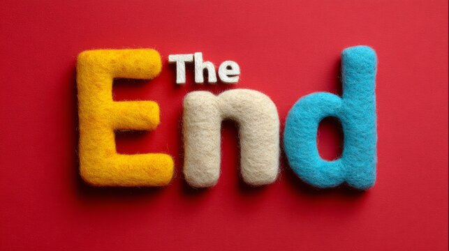 The end is a word made of fuzzy letters. It is on a red background. The letters are in different colors and sizes