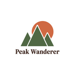 A geometric mountain range with an orange sun, set against a white backdrop, below reads Peak Wanderer