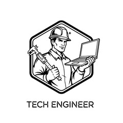 A tech engineer, wearing a hardhat, holds a caliper and a laptop inside a geometric shape