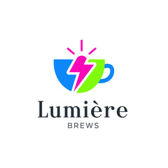 Colorful logo featuring a stylized cup with a lightning bolt, radiating lines, and two lines of text