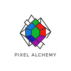 Colorful, geometric abstract logo with a multifaceted shape inside an abstract black geometric design