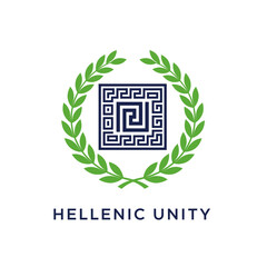 A symmetrical emblem features a green laurel wreath surrounding a dark blue square with a maze-like design