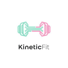 A dumbbell shaped circuit board logo in teal and pink, with a wordmark below
