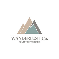 A logo features three stylized mountains in muted colors, accompanied by text below